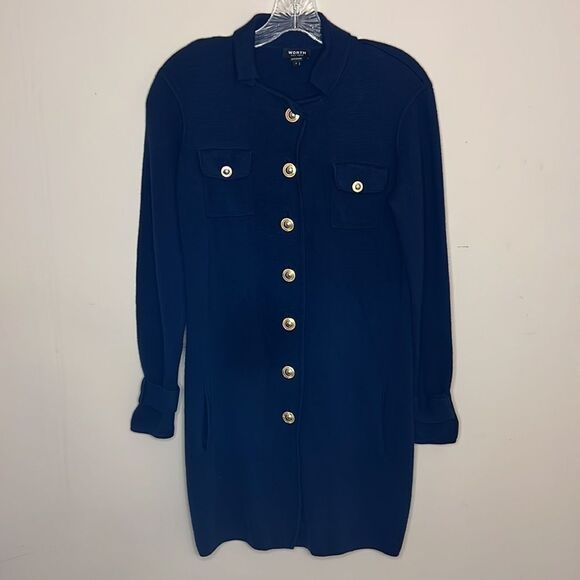 WORTH Navy Blue Wool Sweater Dress with Gold Buttons - Size Small - Picture 3 of 12